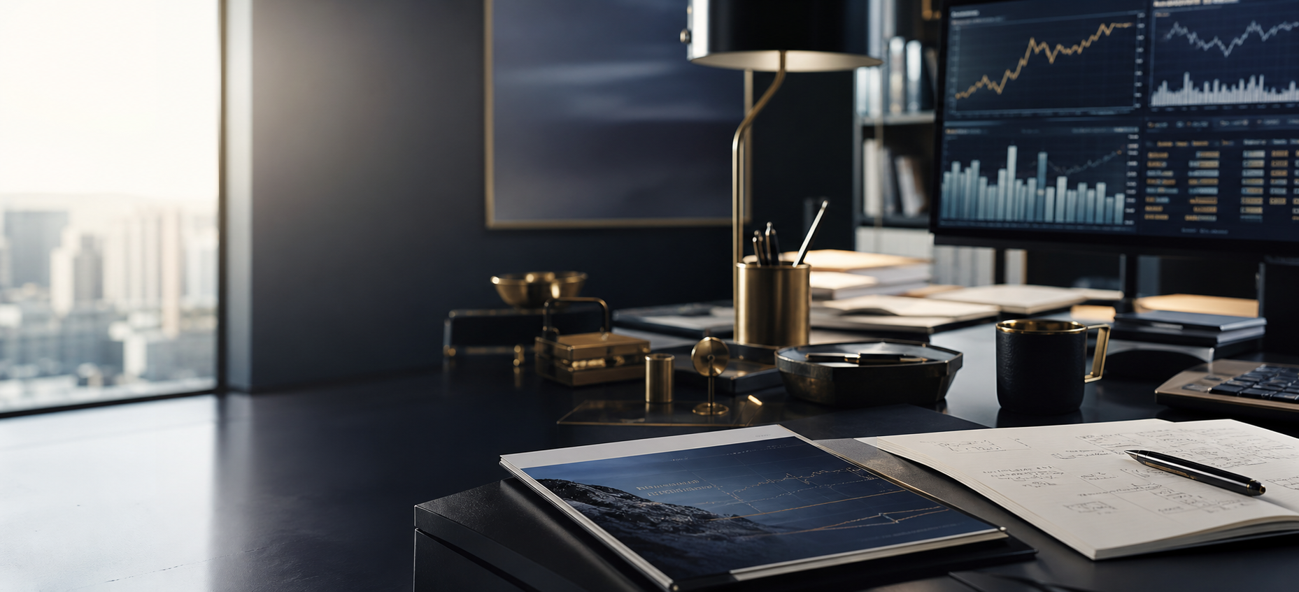 Institutional equity research desk with reports, charts and premium editorial lighting